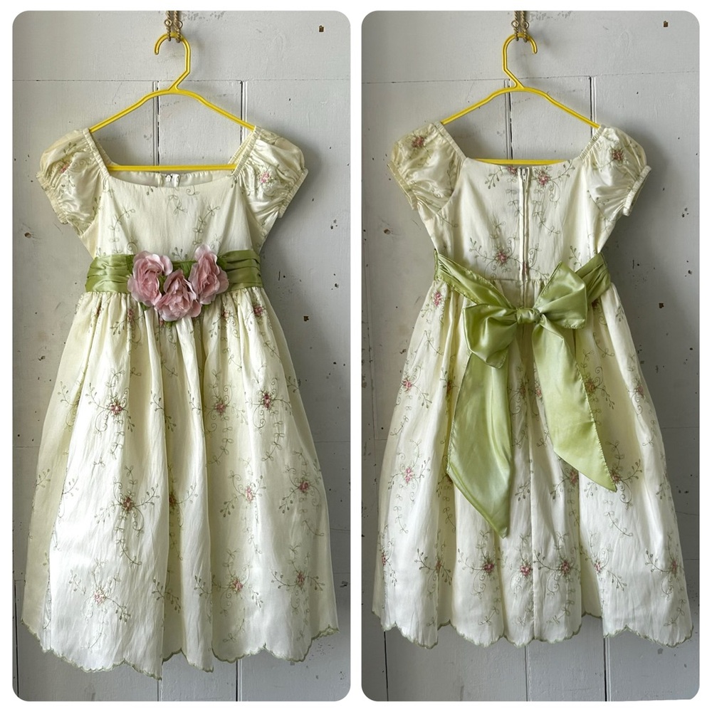 Vintage Crayon Kids Floral Embroidered with Green Sash Party Formal Dress